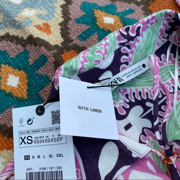 Zara PRINTED LINEN BLOUSE W/ SCRUNCHIE Women’s Size XS - Picture 3 of 6